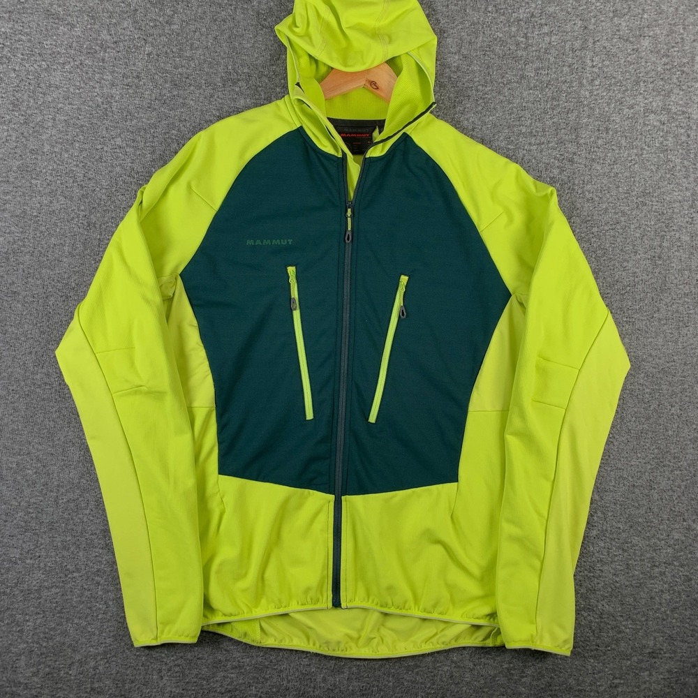 Mammut Jacket Men XL Full Zip Outdoors Hiking Neon Green Hooded Aenergy